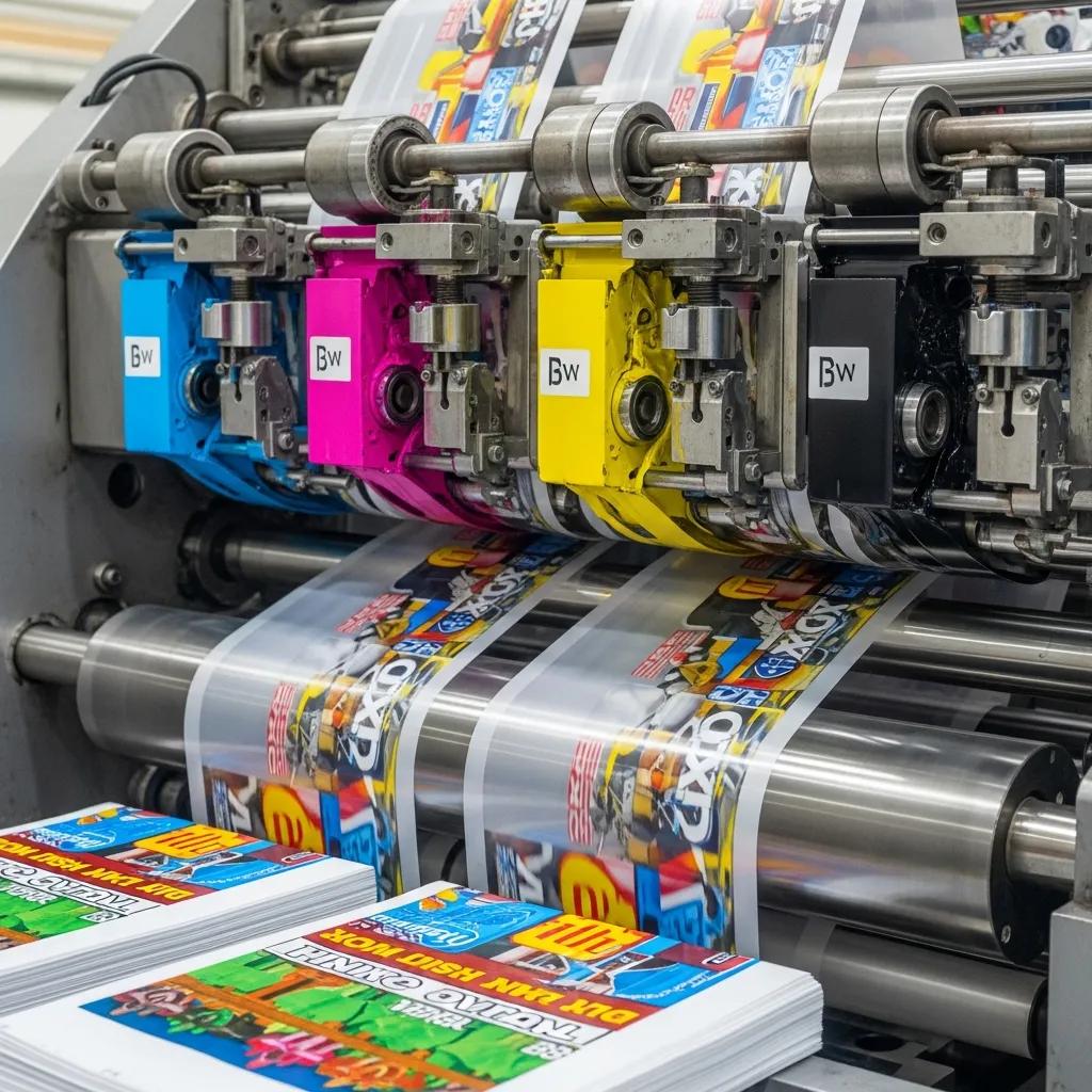 Flexo printing machine applying vibrant inks to plastic film, showcasing high-quality branding and production efficiency in a manufacturing setting.