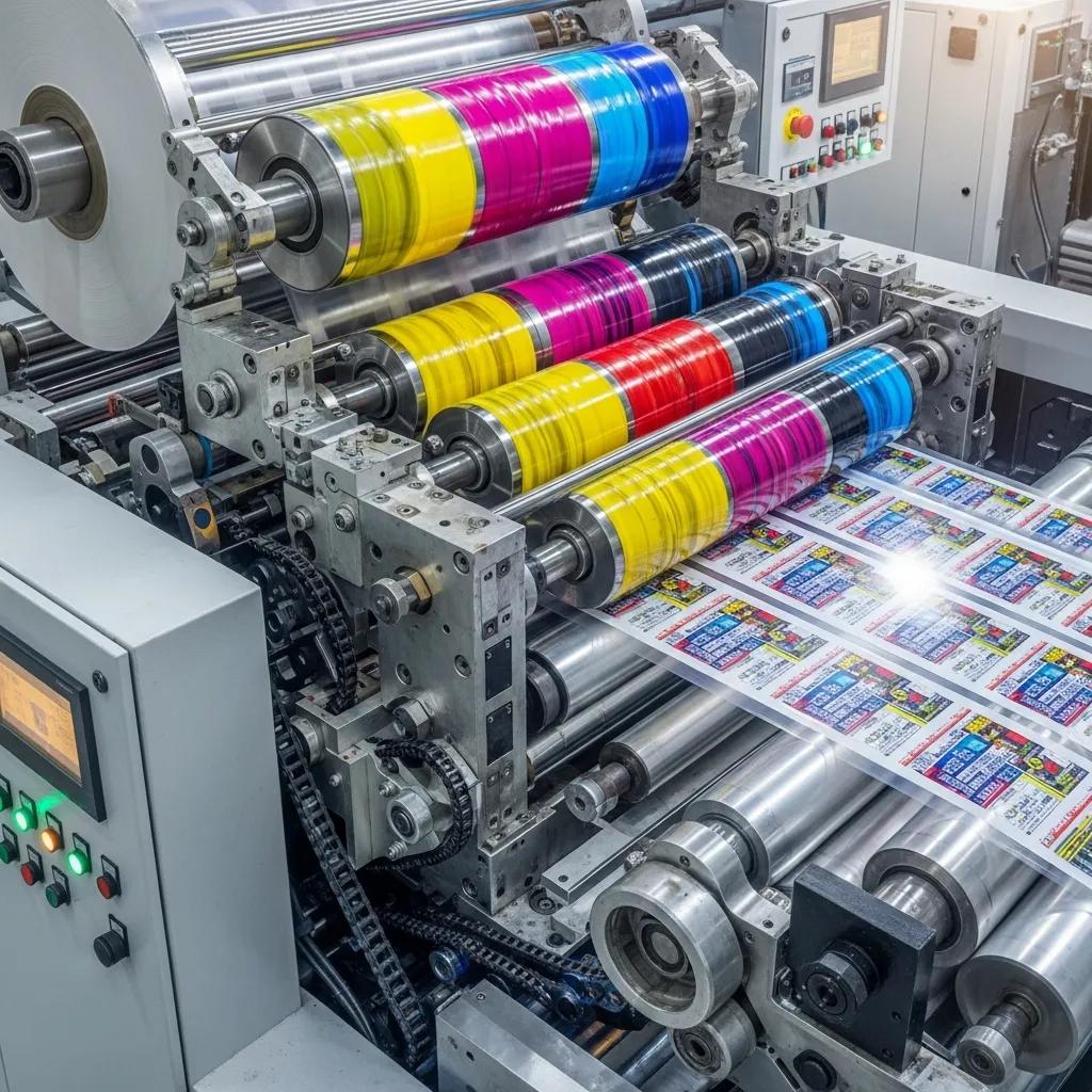 Flexo printing machine applying vibrant inks to plastic film, showcasing high-volume printing capabilities for branded plastic bags in a production environment.