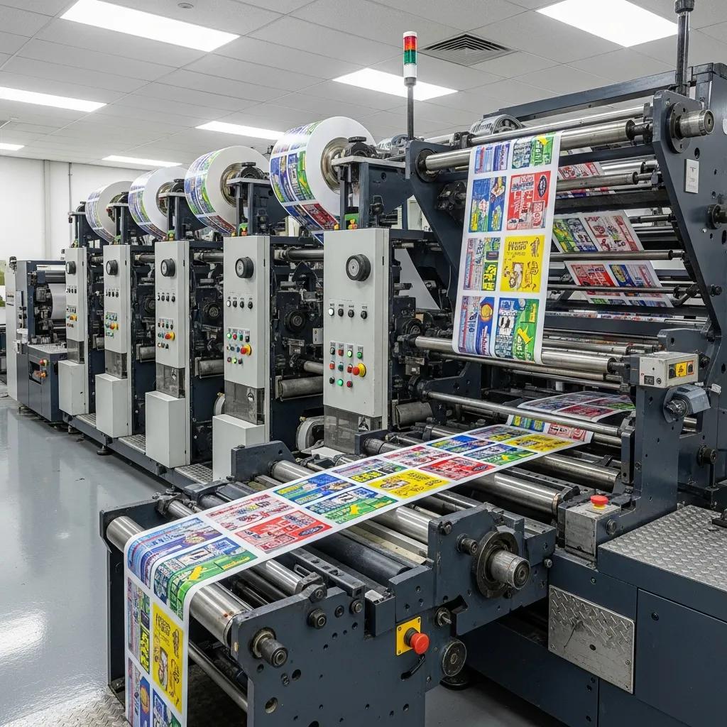 Flexo printing machine in operation, showcasing vibrant, colorful prints on plastic film, demonstrating high-speed printing capabilities for branding and packaging applications.