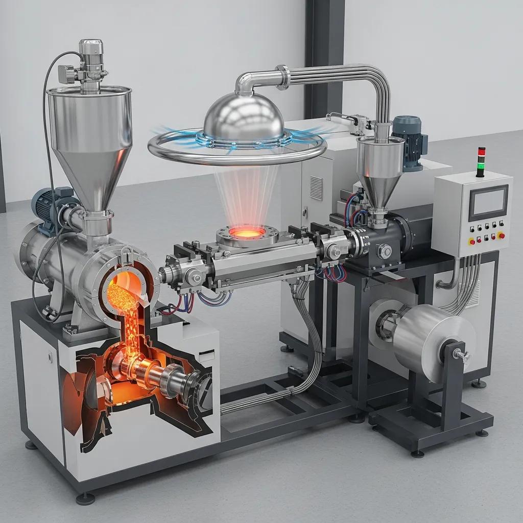 Illustration of the blown film extrusion process, showcasing key components and their functions