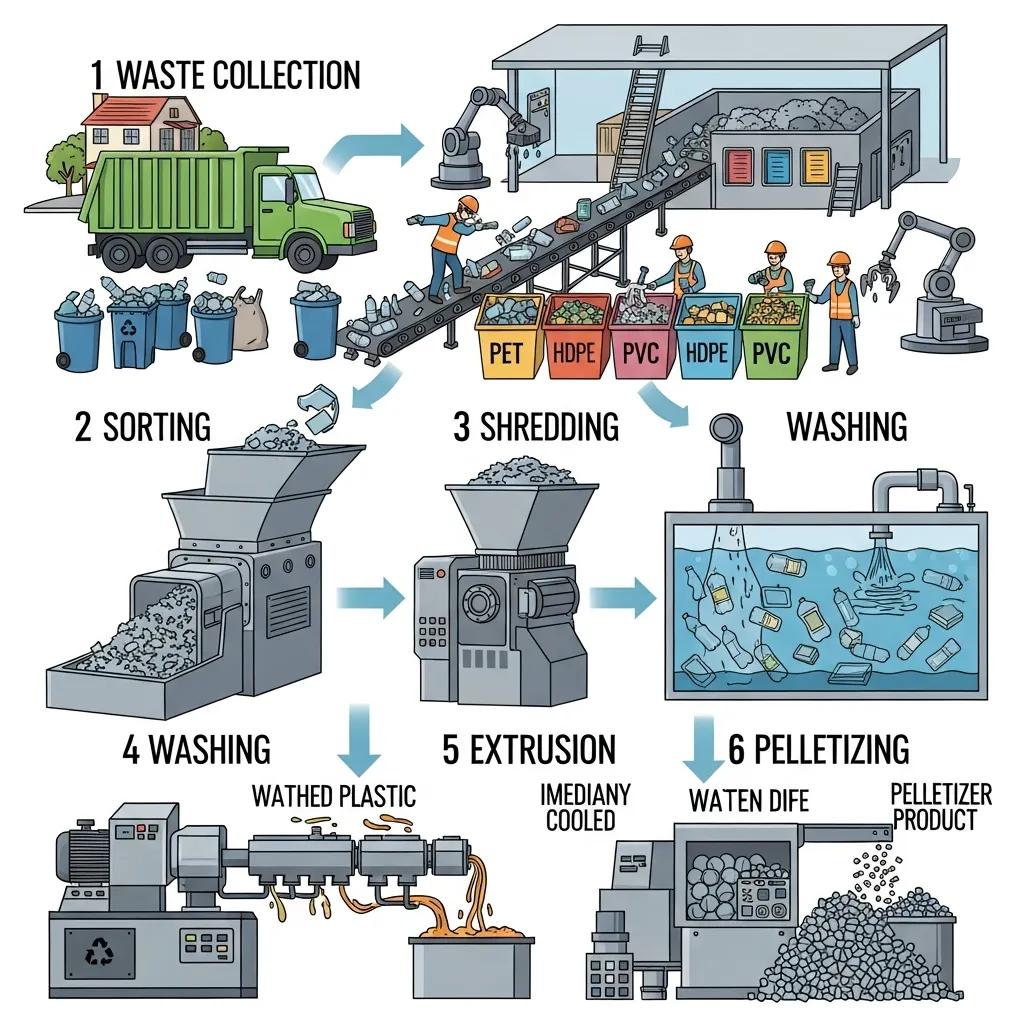 Illustration of the plastic recycling process, depicting waste collection, sorting, shredding, washing, extrusion, and pelletizing steps.