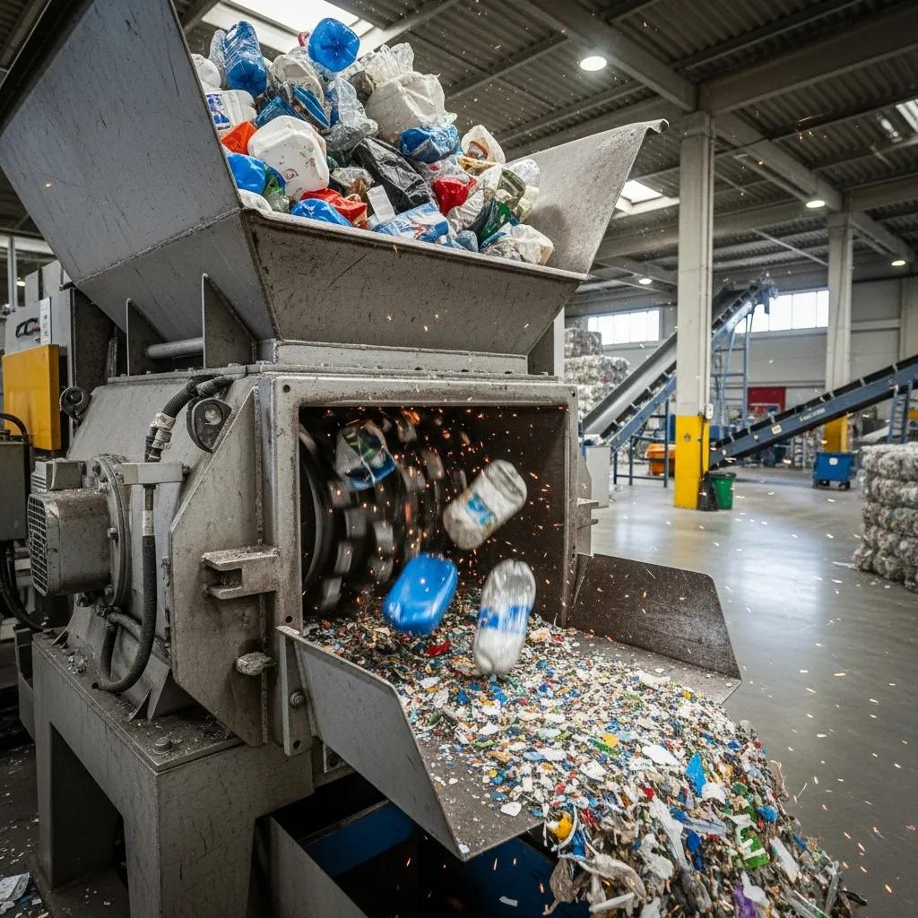 Industrial plastic shredder processing materials in a recycling plant