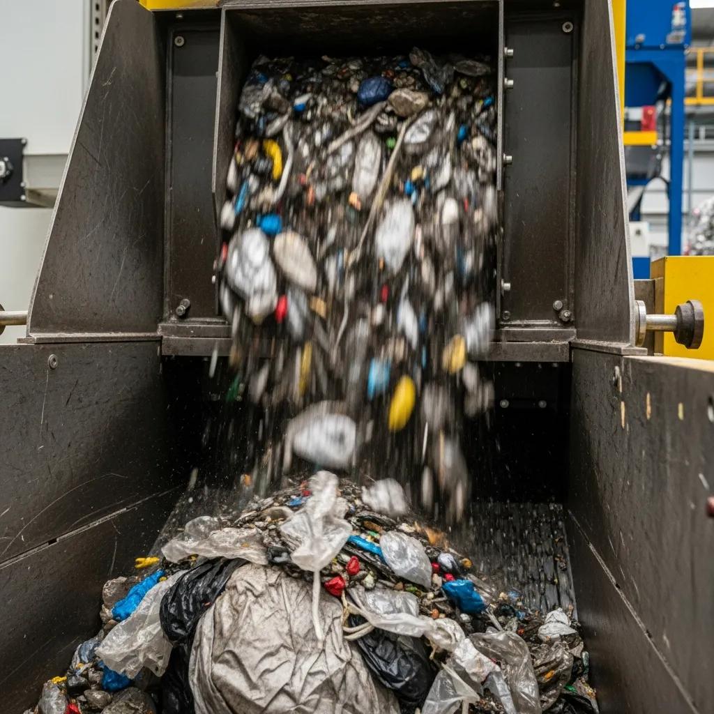Industrial plastic shredder processing mixed plastic waste in a busy recycling plant