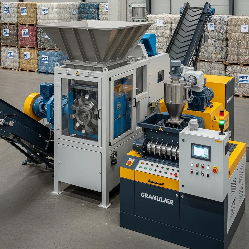 Industrial plastic granulator and shredder machinery in a recycling plant, showcasing features for processing plastic waste into uniform pellets, with a focus on operational efficiency and feedstock preparation.