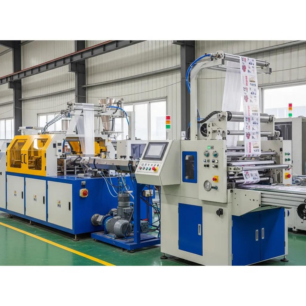 Integrated blown film extrusion and bag-making machine in operation, showcasing automated production process for agricultural and packaging films, with visible control panel and film output.