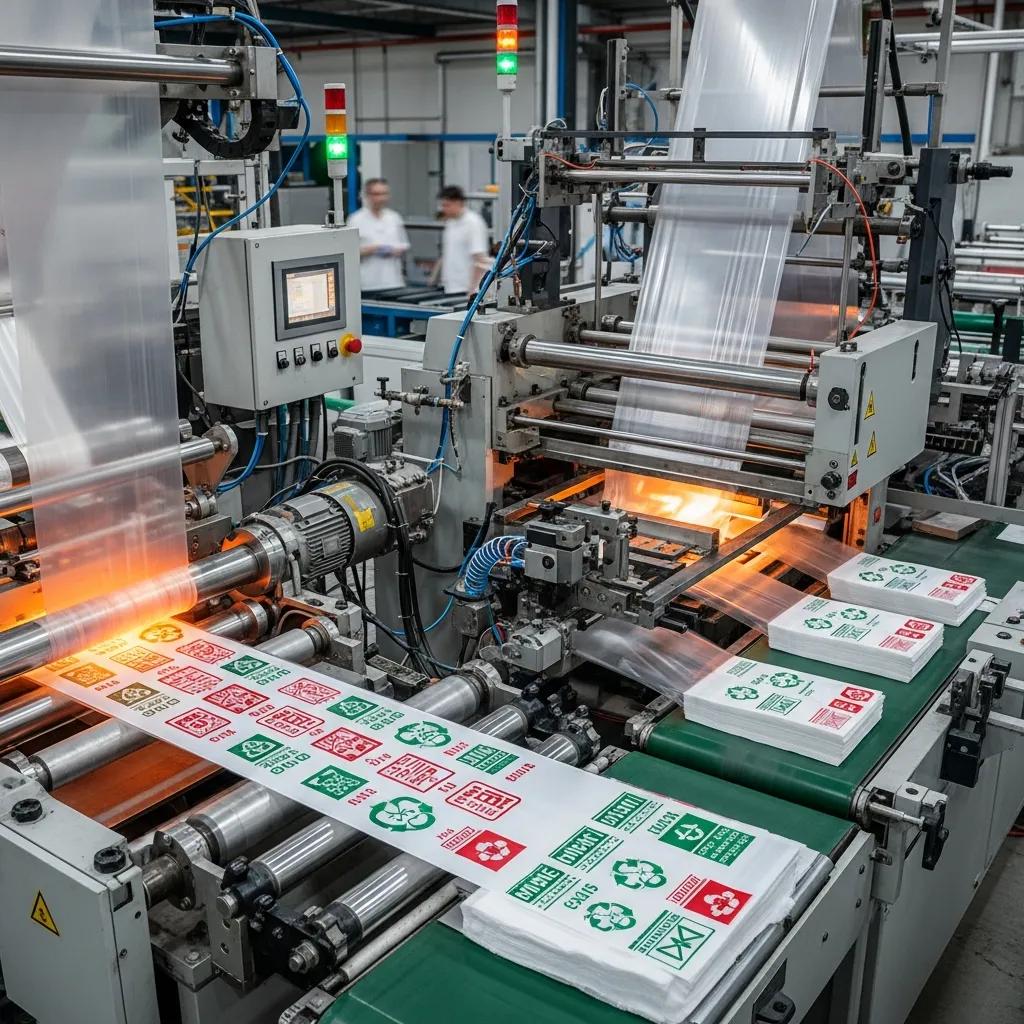 Blown film extrusion and plastic bag making machines in operation, showcasing film being processed with printed designs and integrated production workflow.