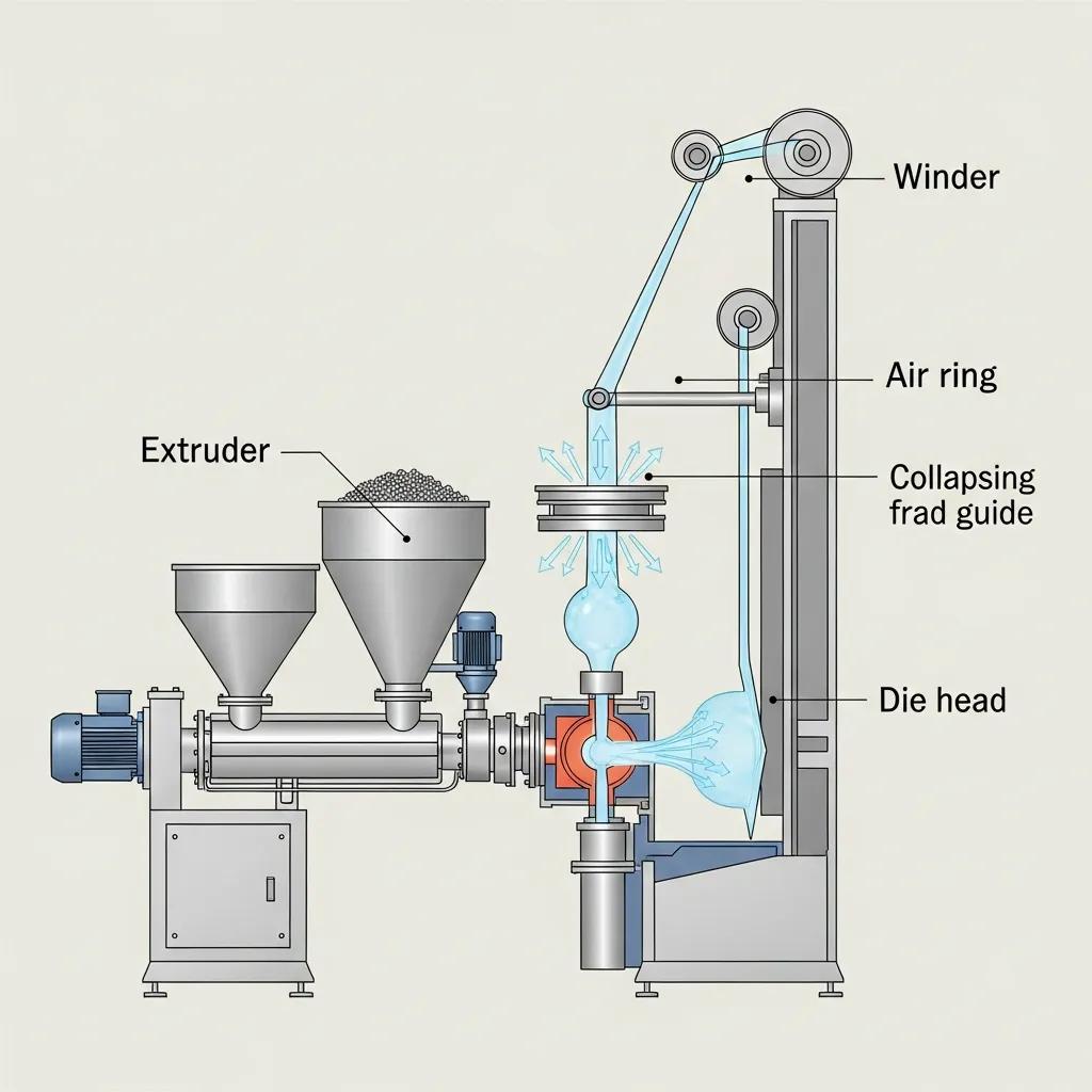 Diagram of a blown film extrusion machine showing key components: extruder, die head, air ring, collapsing frad guide, and winder, illustrating the production process for plastic films.