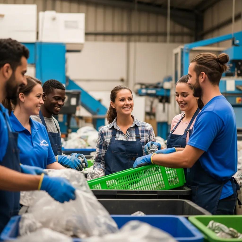 Local workers engaged in a community recycling program with visible recycling bins and machinery