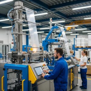 Modern blown film extrusion machine in a factory setting, highlighting advanced technology and efficiency