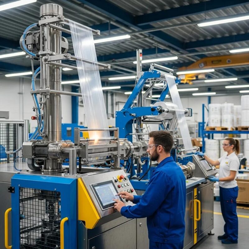 Modern blown film extrusion machine in a factory setting, highlighting advanced technology and efficiency
