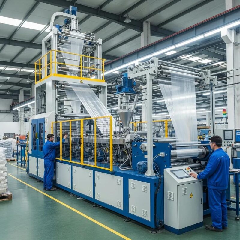 Modern blown film extrusion machine in a factory setting, illustrating efficient plastic film production