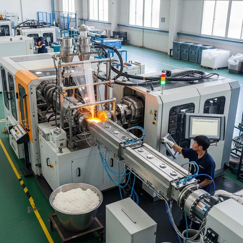 Modern blown film extrusion machine in operation, producing plastic film from polymer resins, with operator monitoring process, and materials in bowl, highlighting technology and efficiency for South African manufacturers.