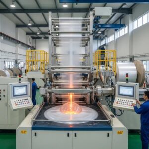 Modern blown film extrusion machine in action, illustrating industrial film production for plastic bag manufacturing, with operators monitoring the process in a factory setting.