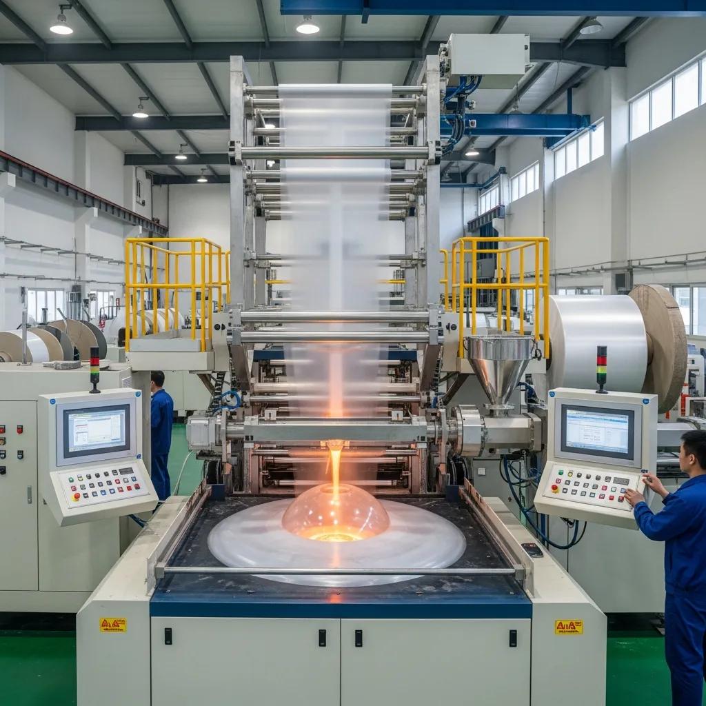Modern blown film extrusion machine in operation, producing tubular plastic film for industrial applications, with control panel and operators in a manufacturing facility in Pretoria.