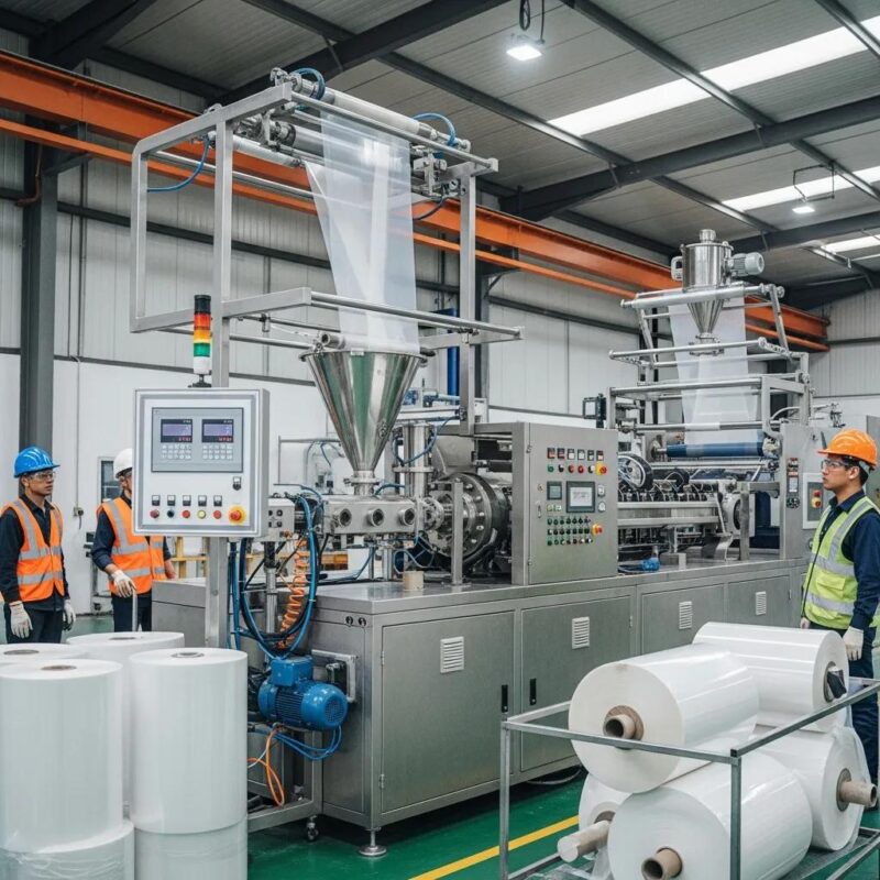 Modern blown film extrusion machine processing plastic resin into film in a factory setting