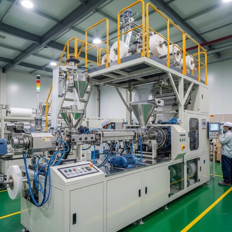 Modern blown film extrusion machine processing polymer resins into plastic film in a manufacturing environment