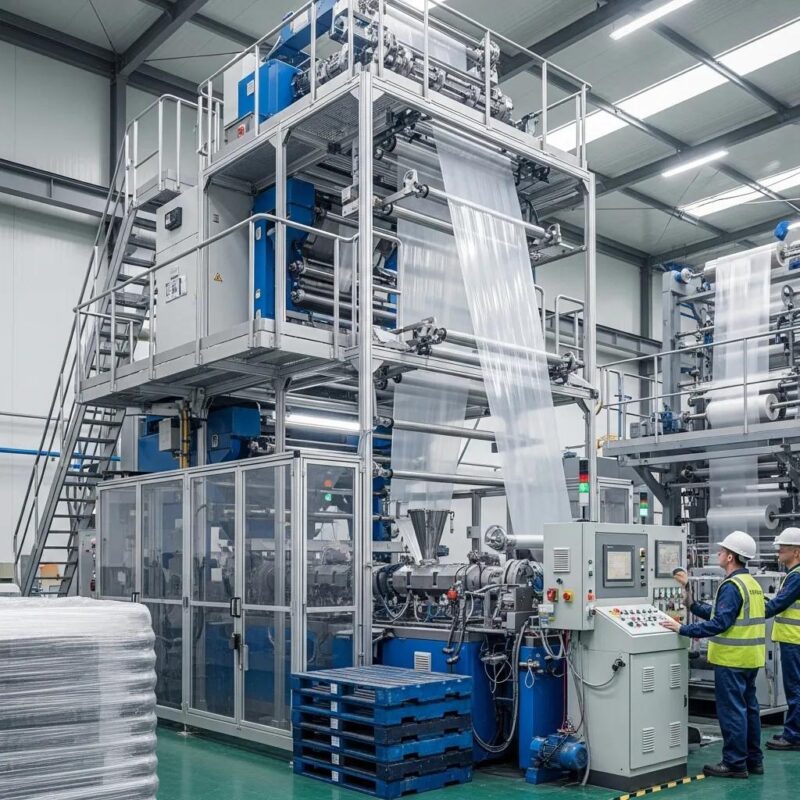 Modern blown film extrusion machine producing tubular film in a factory setting