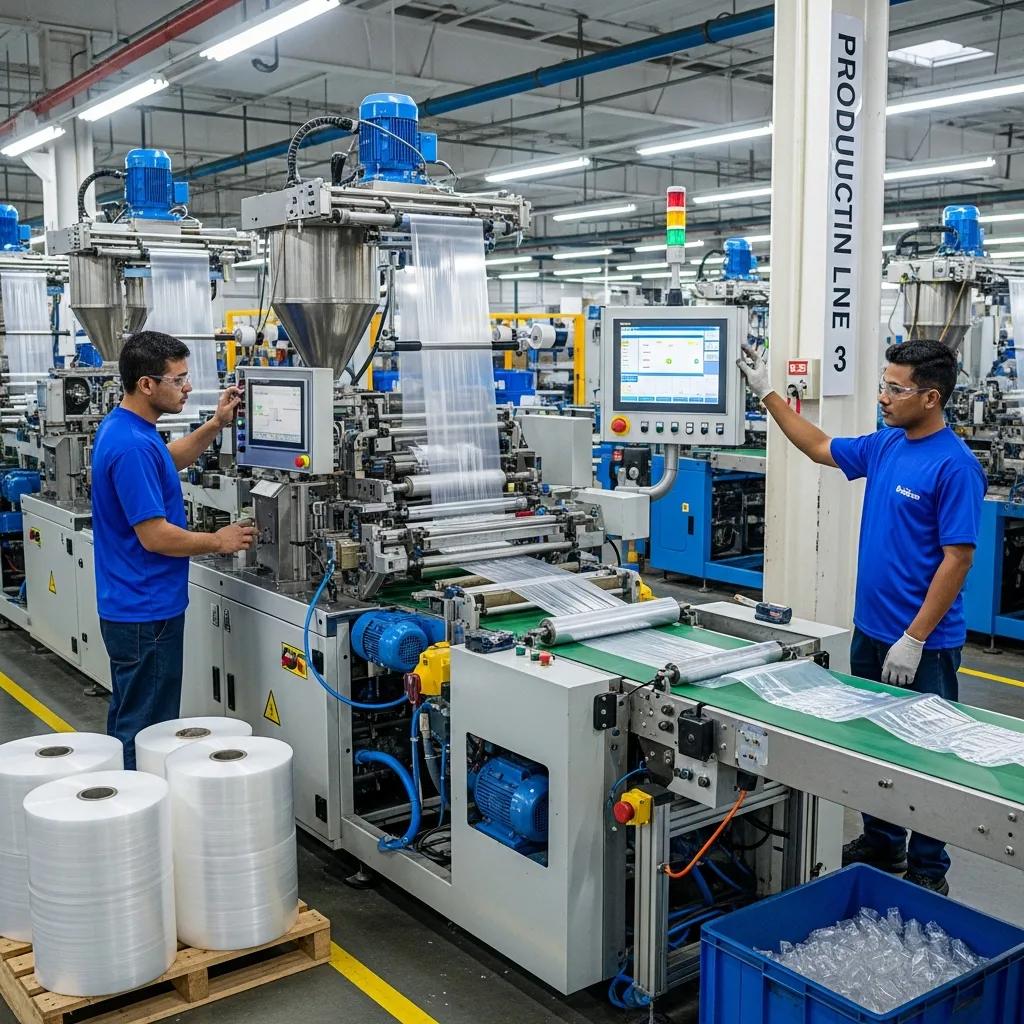 Modern plastic bag making machine in a factory setting, featuring two operators monitoring the production line, with rolls of polymer film and finished bags visible, emphasizing efficiency and technology in Durban's manufacturing industry.