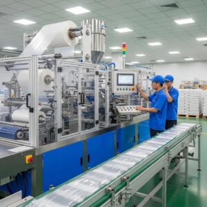 Modern plastic bag making machine in a factory, showcasing local manufacturing efficiency with operators monitoring production process.