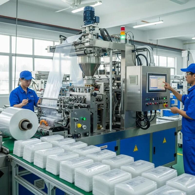 Modern plastic bag making machine in a factory setting with operators producing bags