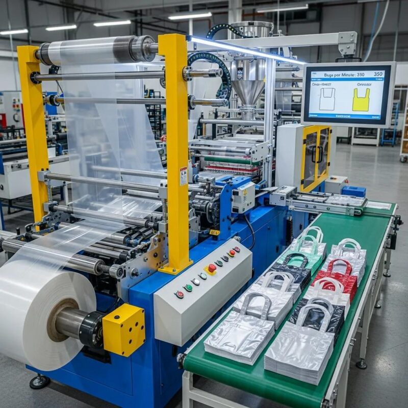 Modern plastic bag making machine in a manufacturing environment, showcasing efficiency and production capabilities