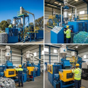 Modern plastic recycling facility in Cape Town with workers operating machinery for processing plastic waste into reusable pellets.