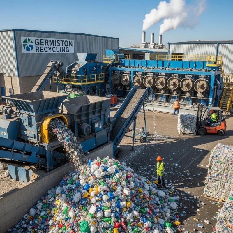 Modern plastic recycling facility in Germiston with machines processing plastic waste