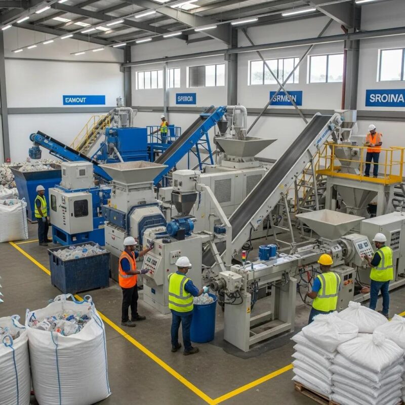 Modern plastic recycling facility in Pietermaritzburg with machines processing plastic waste into pellets