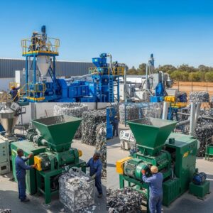 Modern plastic recycling facility in Polokwane with industrial machines processing plastic waste and workers operating equipment.