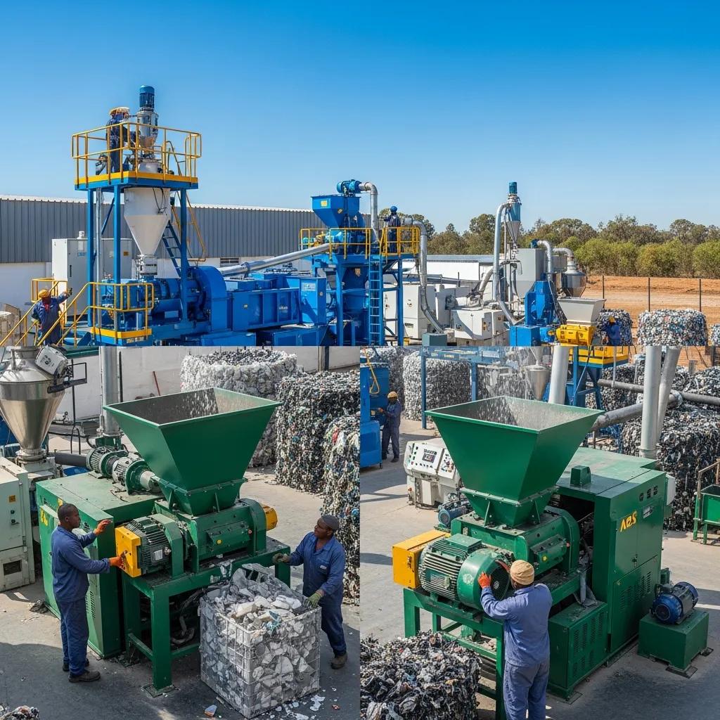 Modern plastic recycling facility in Polokwane with industrial machines processing plastic waste, featuring a pelletizer and shredders, showcasing workers handling plastic materials.