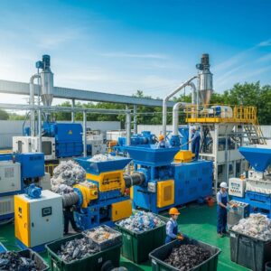 Modern plastic recycling facility with industrial machines and workers processing plastic waste