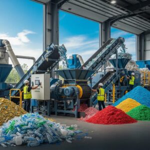 Modern plastic recycling facility with industrial machines processing colorful plastic waste, featuring workers in safety gear and vibrant piles of sorted plastic materials.