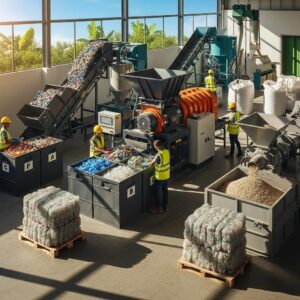 Modern plastic recycling facility in Bloemfontein with workers operating machinery, sorting plastic waste, and processing materials for sustainable recycling solutions.