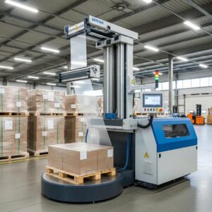 Modern stretch film machine wrapping pallets in a warehouse, showcasing automation and efficiency in plastic bag production.