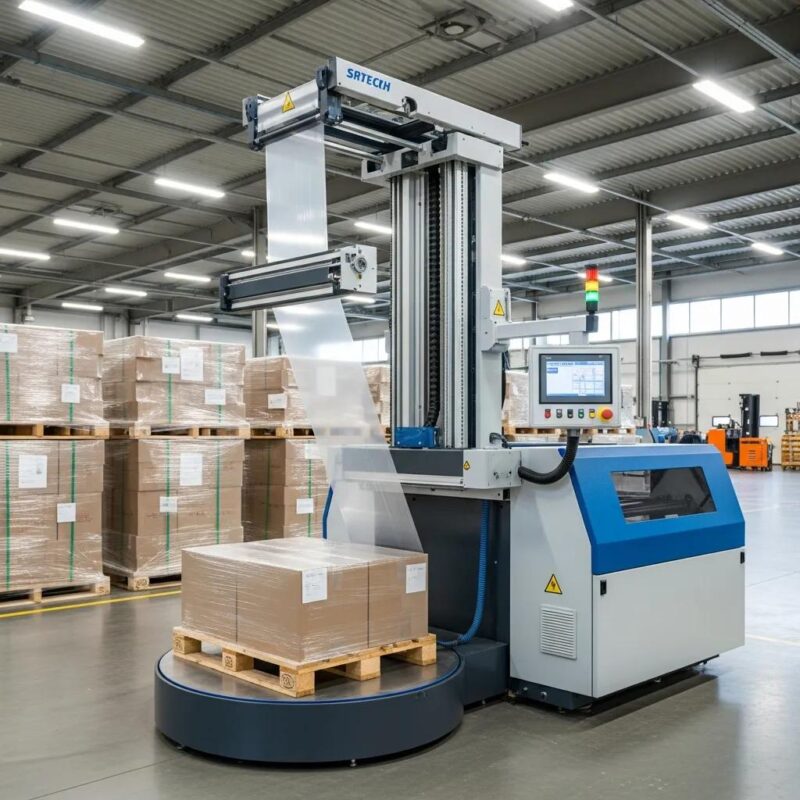 Modern stretch film machine wrapping pallets in a warehouse, showcasing automation and efficiency