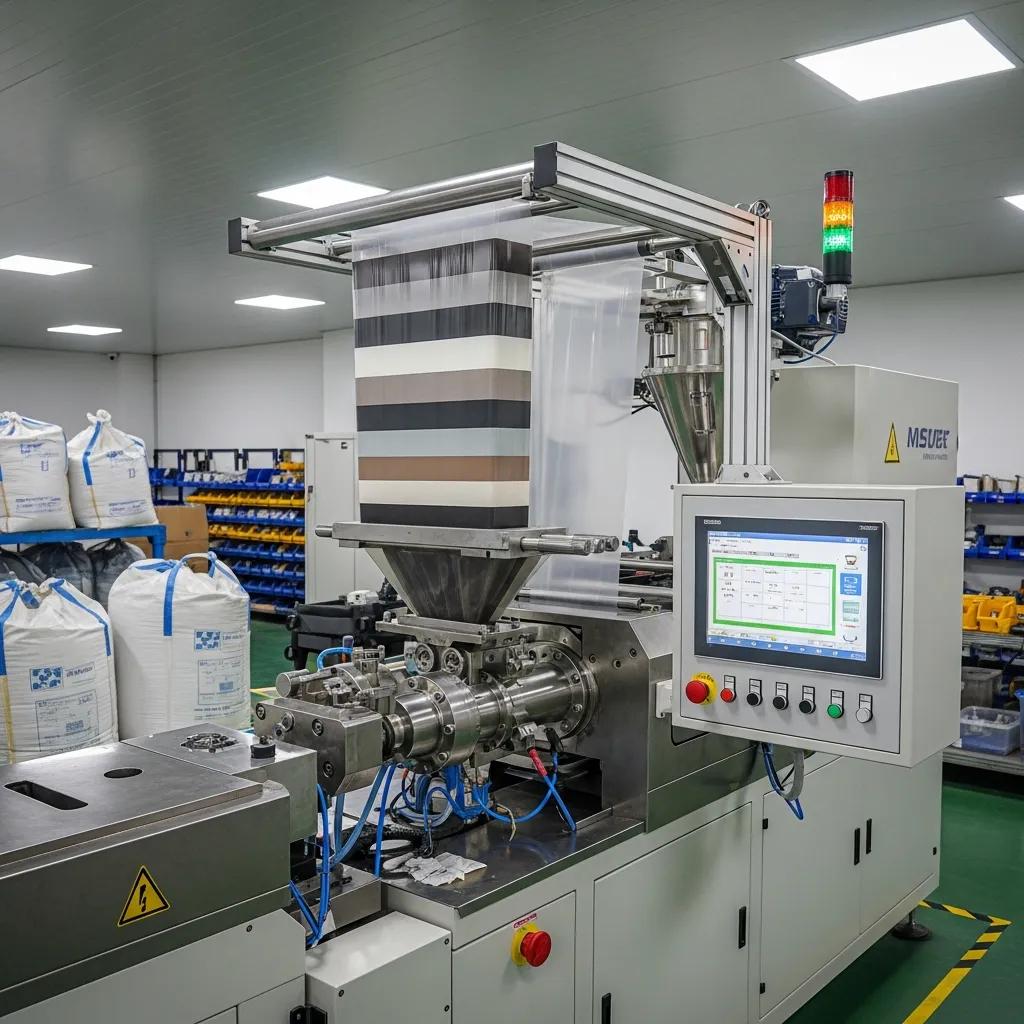 Multi-layer blown film extrusion machine producing advanced film quality in a modern production facility