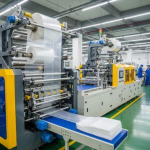 Plastic bag making machine in action, producing bags in a modern factory setting