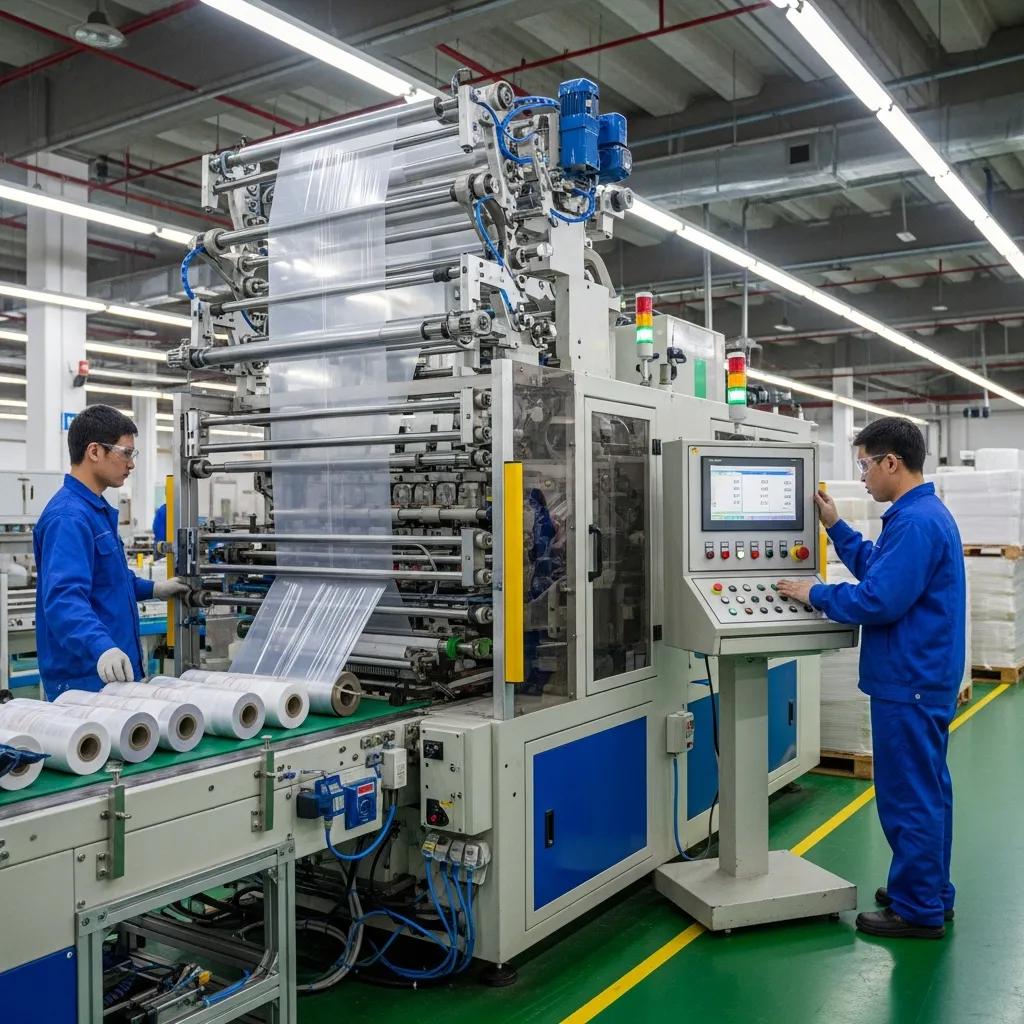 Plastic bag making machine in operation with operators monitoring production and controlling settings in an industrial setting, highlighting equipment used for bag production in Gqeberha.