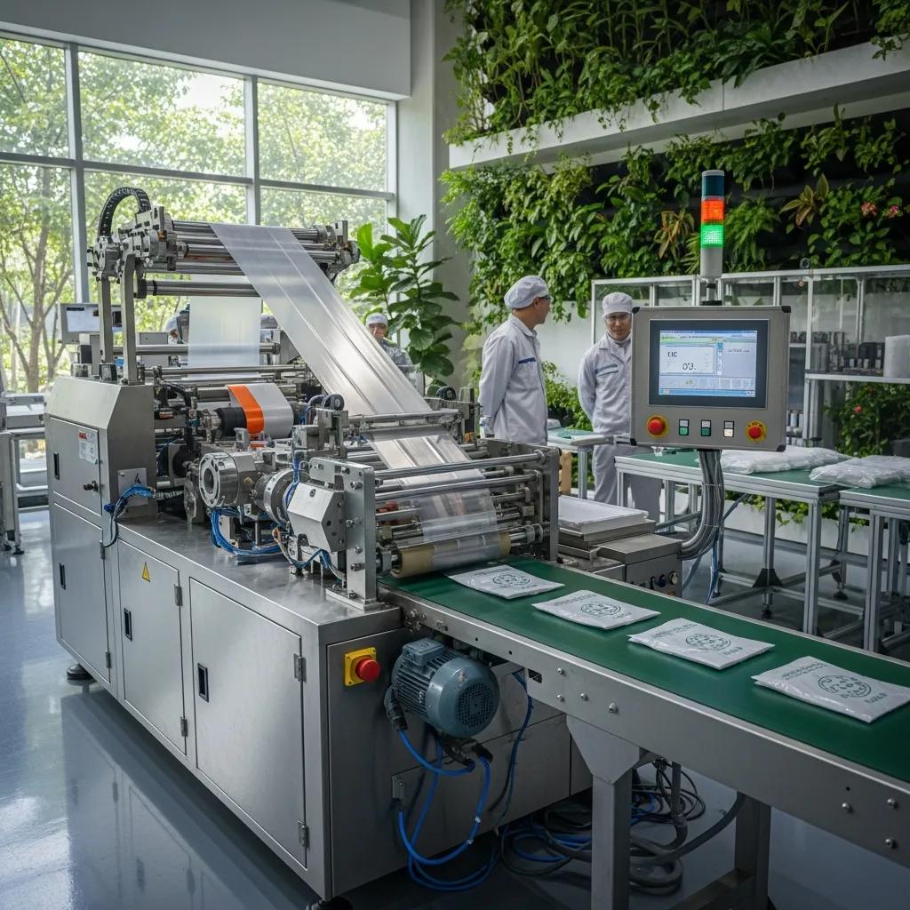 Biodegradable plastic bag manufacturing machine in a sustainable environment, featuring extruder and control panel, with workers in white coats overseeing production process.