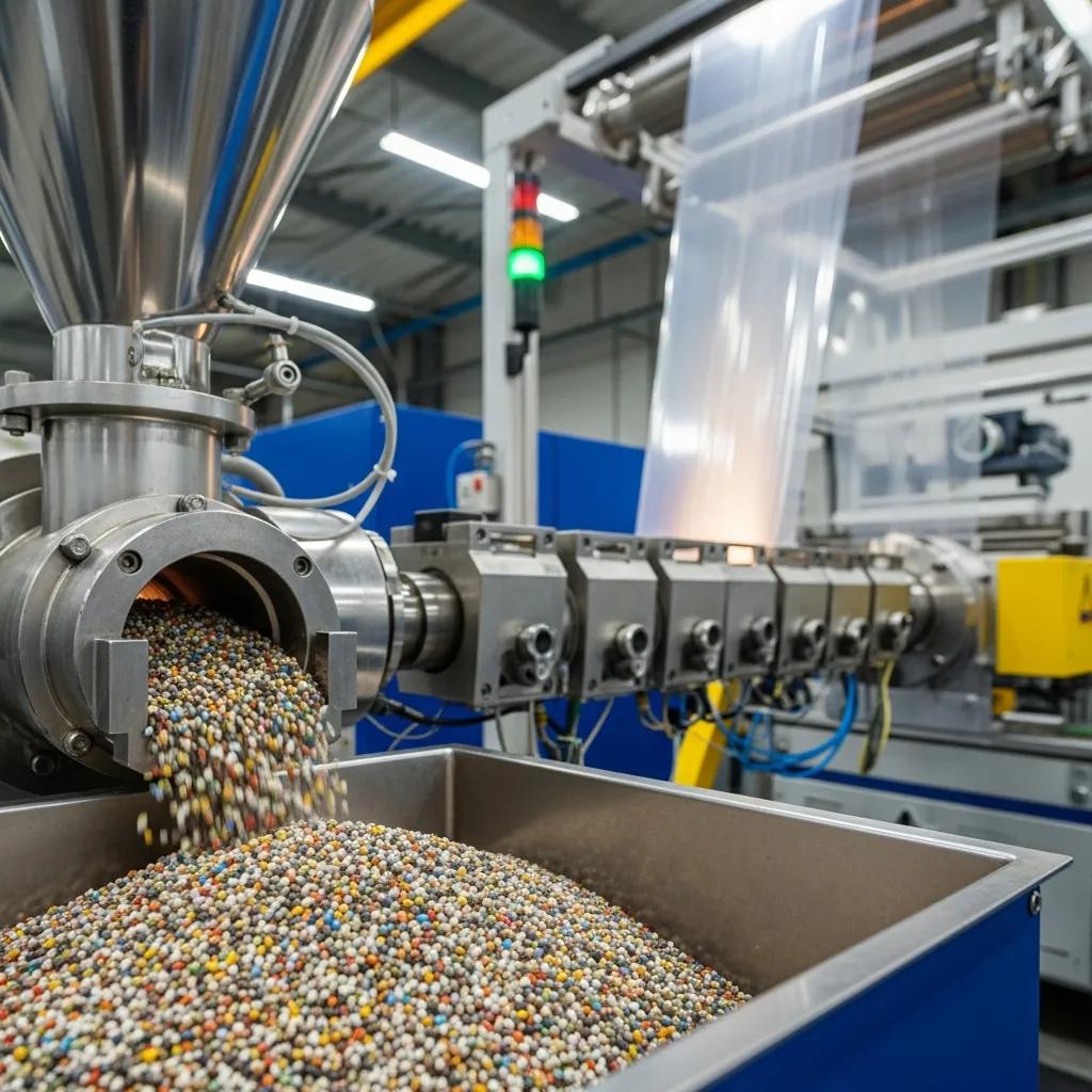 Recycled materials being processed in a blown film extrusion machine