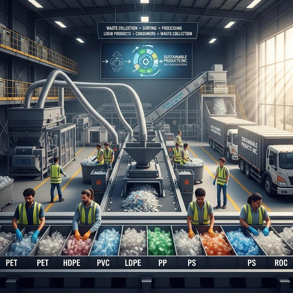 Recycling plant operations contributing to circular economy with workers processing plastic waste