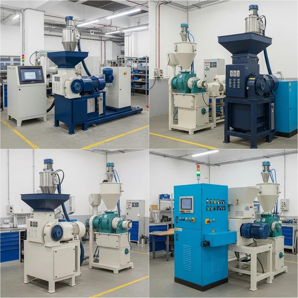 Selection of commercial plastic recycling equipment in a workshop setting