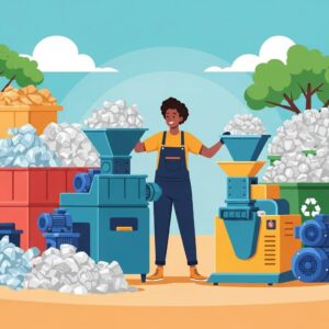 Soweto business owner engaged in plastic recycling with machinery and plastic waste