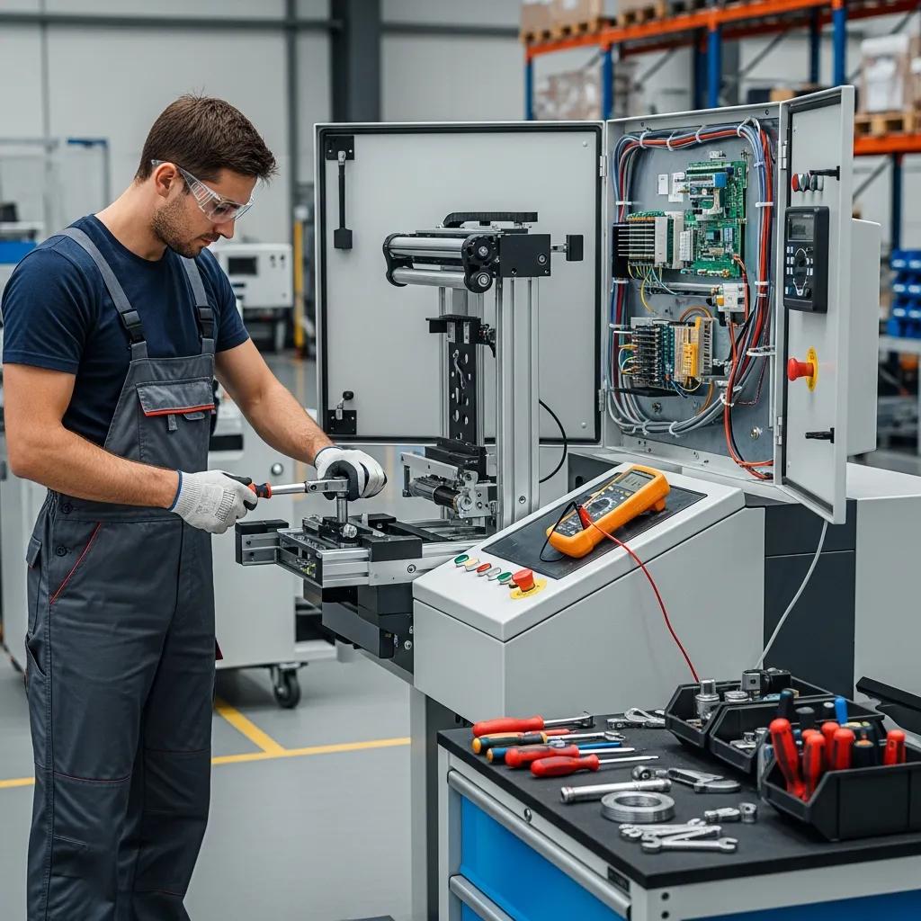 Technician performing maintenance on a stretch film machine, emphasizing routine checks and equipment support, with tools and machinery visible in a workshop setting.