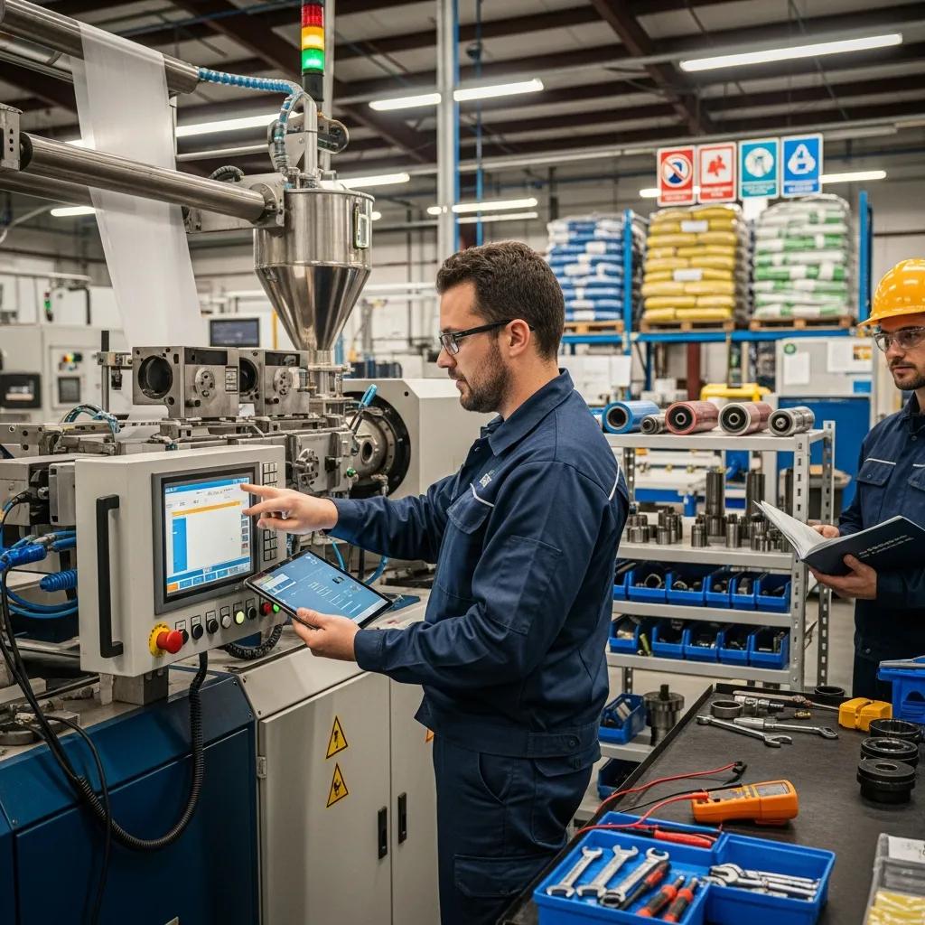 Technician operating blown film extrusion machine control panel and monitoring production parameters in a manufacturing facility, with tools and components visible in the background.