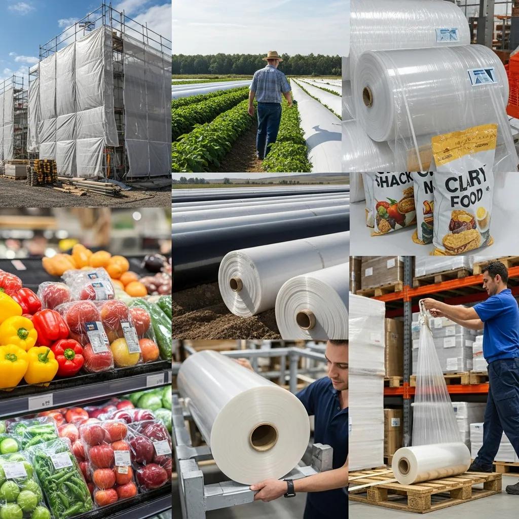 Various applications of blown film extrusion, including flexible packaging, agricultural films, and construction sheeting in real-world settings