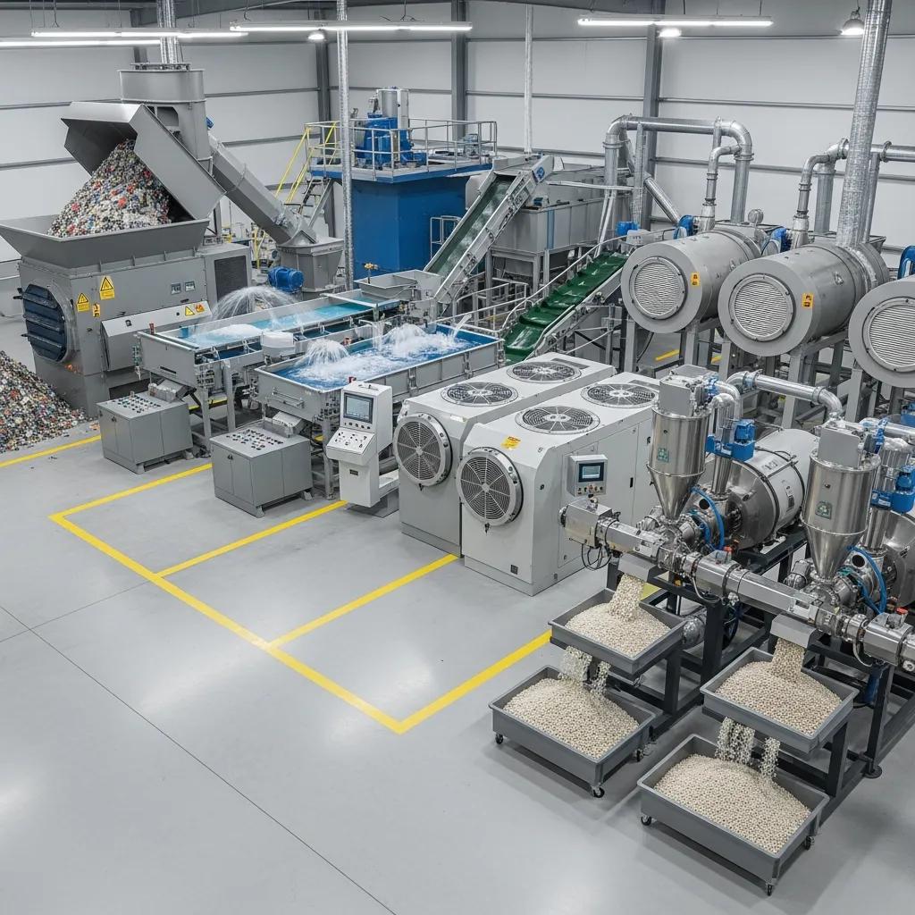 Various types of plastic recycling machines including shredders and pelletizers