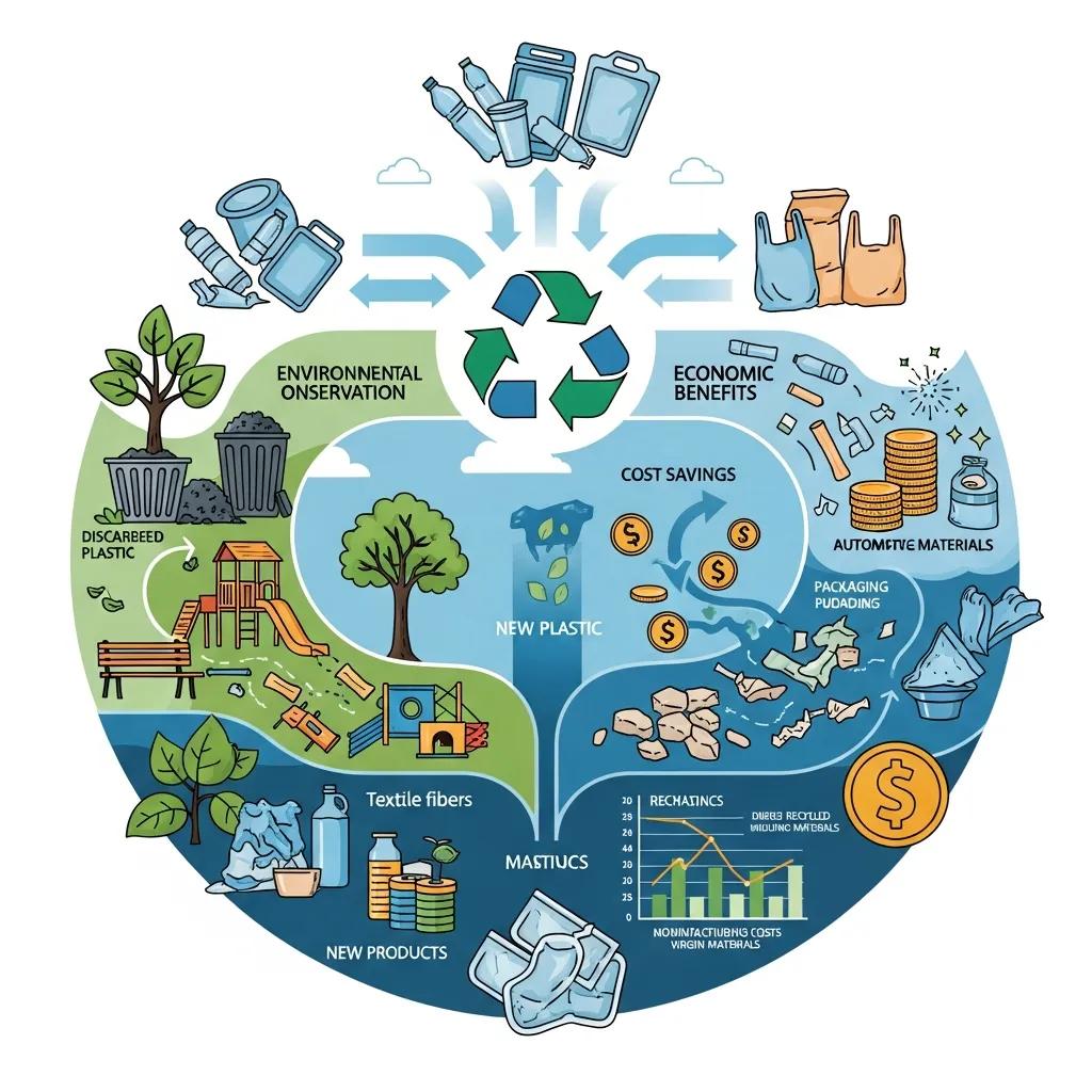 Visual representation of economic and environmental benefits of plastic recycling with symbols of sustainability