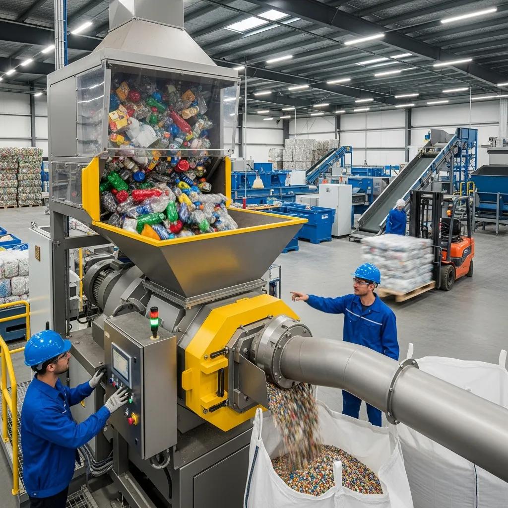 Waste plastic granulator in operation at a recycling facility