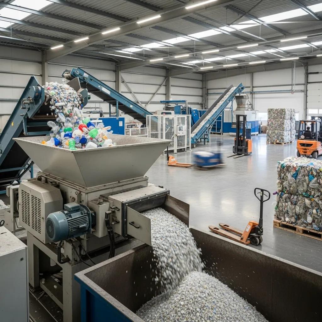Waste plastic granulator processing mixed feedstock into consistent particles in a recycling facility, with conveyor systems and bales of sorted plastic visible in the background.